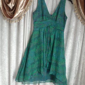 Zara Silk Floral Sleeveless V- neck Lined Empire Waist Dress Green& Purple